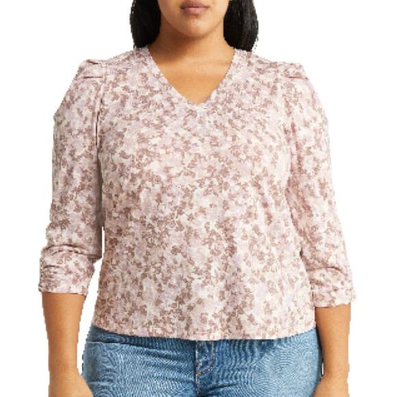 Wit & Wisdom Puff Sleeve Blouse, Plus Size, Mauve Orchid/Cocoa Brown, 2X - Picture 2 of 8